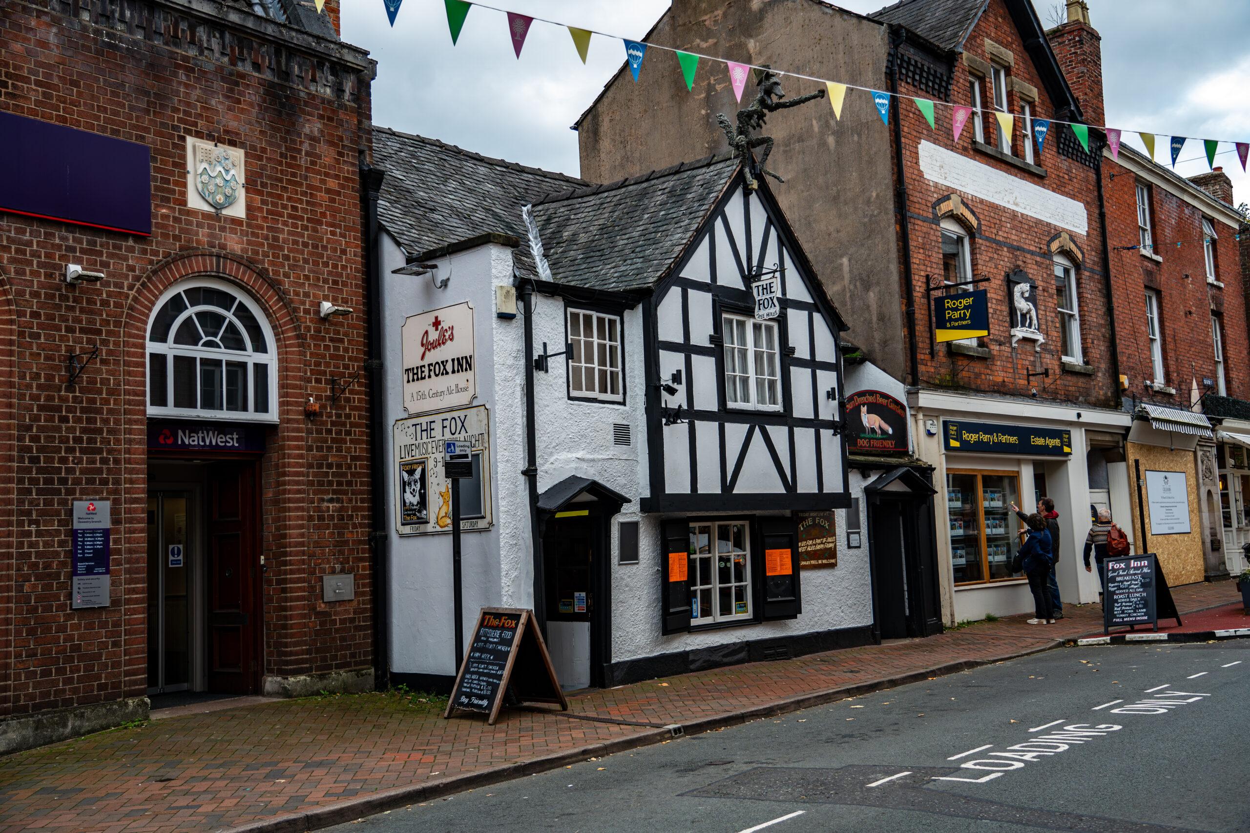 The frontage of the historic Fox Inn, in Oswestry